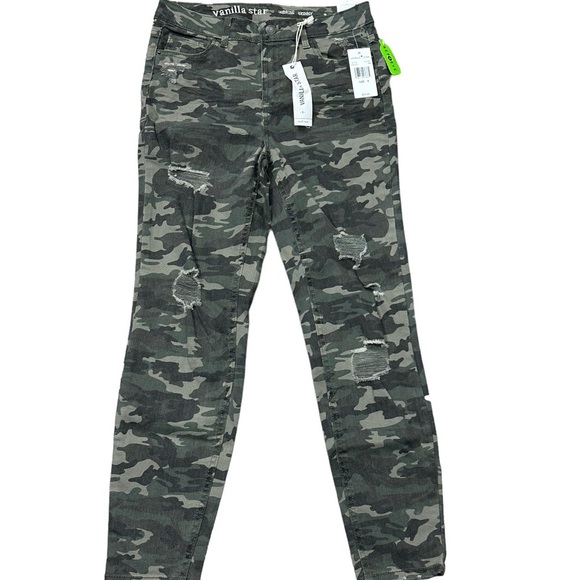 Junior’s Vanilla Star 9 Medium Green Olive Camo Jeans Pants Stretch Torn Ripped - Picture 3 of 11